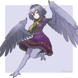 Rule 34 | 1girl, absurdres, ahoge, bird legs, blush, capelet, commentary, dress, english commentary, feathered wings, grey feathers, grey hair, grey wings, harpy, highres, medium hair, meiyoshima, mono (sifserf), monster girl, open mouth, original, owl girl, purple capelet, purple dress, solo, standing, standing on one leg, talons, winged arms, wings, yellow eyes