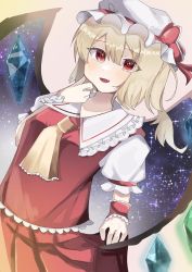 Rule 34 | 1girl, :d, ascot, blonde hair, bloom, blush, crystal, esukei, eyes visible through hair, fang, flandre scarlet, frilled shirt collar, frills, hair between eyes, hand up, hat, hat ribbon, highres, light, looking at viewer, mob cap, open mouth, puffy short sleeves, puffy sleeves, red eyes, red skirt, red vest, ribbon, shirt, short sleeves, skirt, smile, solo, space, star (sky), touhou, vest, white hat, wings, wrist cuffs