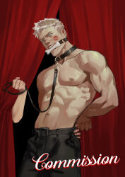 Rule 34 | 1boy, 1girl, abs, absurdres, animal collar, annoyed, bare pectorals, bdsm, blue eyes, bondage, bone, bound, chain, chain leash, collar, devil may cry (series), devil may cry 5, femdom, hetero, highres, holding, holding leash, kiss, kissing cheek, large pectorals, leash, lips, looking at viewer, male focus, maozhu, mature male, muscular, muscular male, necktie, nero (devil may cry), nose, pectorals, pet play, realistic, short hair, solo, topless male, upper body, white hair