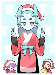 Rule 34 | blue bow, blue horns, blue skin, bow, closed eyes, colored skin, double v, fengxi (the legend of luoxiaohei), hat, horns, japanese clothes, kimono, long sleeves, luo xiaohei zhanji, luozhu (the legend of luoxiaohei), nploser, open mouth, pointy ears, purple hair, red hair, red headwear, red kimono, santa hat, smile, v, wide sleeves, xuhuai (the legend of luoxiaohei)