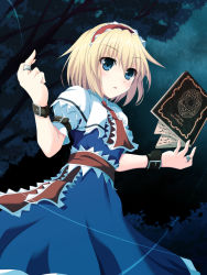 Rule 34 | 1girl, alice margatroid, belt, blonde hair, blue eyes, blush, book, bow, capelet, cross (crossryou), dress, female focus, hairband, hexagram, highres, jewelry, open mouth, ring, sash, short hair, solo, touhou