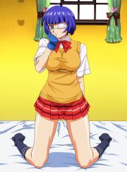 Rule 34 | 00s, bed, blue hair, breasts, eyepatch, ikkitousen, large breasts, ryomou shimei, school uniform, short hair, skirt, yabusame