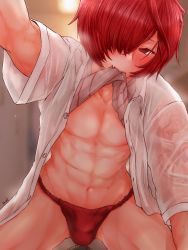 Rule 34 | 2boys, arm tattoo, blush, bulge, clothes in mouth, clothes lift, fang, fate/grand order, fate (series), femboy, fundoshi, fuuma kotarou (fate), hair over one eye, half-closed eyes, highres, japanese clothes, kamenakake, lifting own clothes, looking at viewer, male focus, medium hair, mouth hold, multiple boys, muscular, muscular male, penis, penises touching, pov, red eyes, red fundoshi, red hair, see-through, shirt in mouth, shirt lift, short hair, shoulder tattoo, solo, solo focus, tattoo, toned, toned male, trap, yaoi