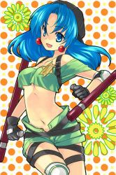 Rule 34 | 1990s (style), 1girl, :d, akr et, bad id, bad pixiv id, bare shoulders, belt, blue eyes, blue hair, crop top, earrings, gloves, hat, hexagram, jewelry, light smile, long hair, matching hair/eyes, midriff, navel, off shoulder, open fly, open mouth, polka dot, polka dot background, retro artstyle, shorts, smile, solo, star (symbol), thigh strap, tonfa, toushinden, tracy (toushinden), unzipped, weapon