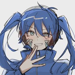 Rule 34 | 1girl, blue eyes, blue hair, blue jacket, collared jacket, commentary, ene (kagerou project), finger to mouth, grin, hair between eyes, hair over one eye, headphones, jacket, kagerou project, koyon, limited palette, long hair, long sleeves, looking at viewer, open mouth, popped collar, simple background, sketch, smile, solo, straight-on, teeth, track jacket, twintails, uneven eyes, upper body, white background, zipper, zipper pull tab