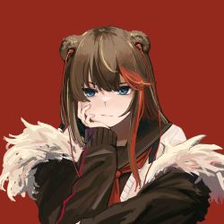 Rule 34 | 1girl, animal ears, arknights, bear ears, blue eyes, brown hair, brown jacket, brown sailor collar, earbuds, earphones, fur-trimmed jacket, fur trim, hand up, head rest, hi yuuga, highres, jacket, long hair, looking at viewer, multicolored hair, neckerchief, open clothes, open jacket, red background, red hair, red neckerchief, sailor collar, school uniform, shirt, simple background, solo, streaked hair, upper body, v-shaped eyebrows, white shirt, zima (arknights)
