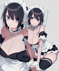 Rule 34 | 1girl, apron, black hair, black socks, blue eyes, breasts, character request, choker, cleavage, copyright request, cross, cross choker, frills, gloves, grey background, hair ribbon, hairband, half gloves, highres, kneehighs, large breasts, latin cross, maid, maid apron, maid headdress, multiple views, open mouth, parted lips, ribbon, shirasu uni, simple background, socks, striped clothes, striped socks, teeth, thighhighs, white apron, white gloves