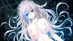 Rule 34 | 1girl, :d, blue eyes, breasts, collarbone, completely nude, dead aegis, dutch angle, floating hair, game cg, hair between eyes, ilyusha petrovna, long hair, looking at viewer, medium breasts, nipples, non-web source, nude, open mouth, smile, solo, ueda metawo, upper body, very long hair, white hair