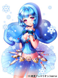 Rule 34 | 1girl, aile (crossroads), blue hair, breasts, capelet, cleavage, copyright name, fur trim, junketsu duelion, kiona moroz, large breasts, looking at viewer, no panties, official art, pleated skirt, purple eyes, see-through, short hair, skirt, snowflakes, solo, white background