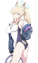 Rule 34 | 1girl, animal ear fluff, animal ears, ass, black jacket, blonde hair, blue archive, blue eyes, blush, breasts, clenched teeth, competition swimsuit, green halo, hair over one eye, halo, highres, jacket, kanna (blue archive), kanna (swimsuit) (blue archive), large breasts, lifebuoy, long hair, long sleeves, official alternate costume, one-piece swimsuit, open clothes, open jacket, simple background, solo, swim ring, swimsuit, teeth, whistle, whistle around neck, white background, white one-piece swimsuit, youguo naberu