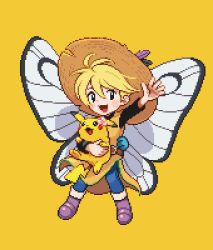 Rule 34 | 1girl, 4091, :d, belt, blonde hair, blue pants, boots, brown belt, brown headwear, commentary request, creatures (company), game freak, gen 1 pokemon, hat, holding, holding pokemon, nintendo, open mouth, outstretched arm, pants, pikachu, pixel art, pokemon, pokemon (creature), pokemon adventures, purple footwear, short hair, simple background, smile, straw hat, teeth, tongue, tunic, upper teeth only, yellow (pokemon), yellow background