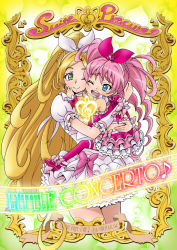 Rule 34 | 10s, 2girls, blonde hair, blue eyes, bow, choker, copyright name, cover, cover page, cure melody, cure rhythm, eunos, frills, g-clef (suite precure), green eyes, hair ribbon, hairband, houjou hibiki, hug, long hair, magical girl, minamino kanade, multiple girls, musical note, one eye closed, pink bow, pink hair, pink legwear, precure, puffy sleeves, quaver, rainbow text, ribbon, shoes, skirt, smile, suite precure, thighhighs, twintails, white choker, wink, wrist cuffs, aged down