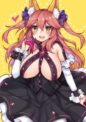 Rule 34 | 10s, 1girl, animal ear fluff, animal ears, breasts, brown eyes, cosplay, dress, elizabeth bathory (fate), elizabeth bathory (fate) (cosplay), elizabeth bathory (fate/extra ccc), elizabeth bathory (first ascension) (fate), fate/extra, fate/extra ccc, fate/grand order, fate (series), fox ears, heart, lancer (fate/extra ccc) (cosplay), large breasts, long hair, open mouth, osiimi, pink hair, simple background, solo, tamamo (fate), tamamo no mae (fate/extra), type-moon, yellow background