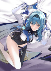 Rule 34 | 1girl, absurdres, black hairband, black thighhighs, blue cape, blue gloves, blue hair, blue necktie, blush, breasts, cape, clothing cutout, eula (genshin impact), genshin impact, gloves, greatsword, hairband, hand up, high-waist shorts, highres, lying, medium breasts, medium hair, multicolored eyes, necktie, on back, on bed, puffy sleeves, shorts, shoulder cutout, single bare leg, solo, sword, takai isshiki, thighhighs, thighs, vision (genshin impact), weapon, white sleeves