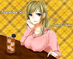 Rule 34 | 10s, 1girl, awashima seri, blonde hair, blue eyes, breast rest, breasts, character name, glass, hair down, hand on own face, happy birthday, harukikari, highres, ice, ice cube, jewelry, k-project, looking at viewer, necklace, plaid, plaid background, solo, table