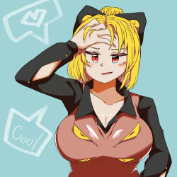 Rule 34 | 1girl, black bow, black shirt, blonde hair, blue background, blush, bow, breasts, brown dress, cleavage, commentary request, dress, extra ears, extra eyes, fingernails, hair bow, hair bun, hand in own hair, hand on own forehead, heart, highres, kurodani yamame, large breasts, long sleeves, looking at viewer, medium hair, open mouth, pinafore dress, red eyes, red nails, rinyamame, sharp fingernails, shirt, simple background, sleeveless dress, smile, solo, spoken heart, touhou, upper body