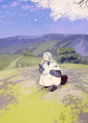 Rule 34 | 1girl, absurdres, artist name, bag, black legwear, blonde hair, cherry blossoms, cloud, coat, earrings, closed eyes, field, flower, grass, highres, holding, holding flower, illumi999, jewelry, long hair, mountain, open mouth, original, path, petals, road, seiza, shadow, signature, sitting, skirt, sky, smelling flower, solo, sweater, tree, white skirt