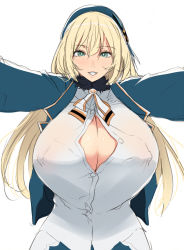Rule 34 | 10s, 1girl, atago (kancolle), blonde hair, blue eyes, breasts, bursting breasts, covered erect nipples, female focus, foreshortening, gigantic breasts, grin, hat, kantai collection, kloah, long hair, looking at viewer, nipples, pov, ribbon, smile, solo