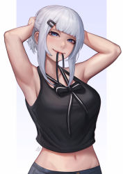 Rule 34 | 1girl, adjusting hair, armpits, arms behind head, arms up, bare arms, bare shoulders, black ribbon, black shirt, blue eyes, blunt bangs, blush, breasts, closed mouth, collarbone, commentary, gradient background, hair ornament, hairclip, half-closed eyes, highres, large breasts, lerio (leriodraws), long hair, looking at viewer, medium hair, midriff, mouth hold, navel, original, ribbon, ribbon in mouth, riva (ava), shirt, signature, silver hair, simple background, sleeveless, sleeveless shirt, smile, solo, stomach, tying hair, upper body, white background