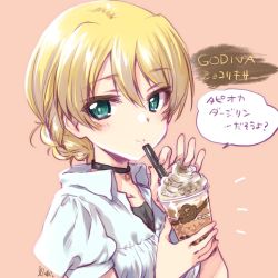 Rule 34 | 1girl, artist name, black choker, blonde hair, blue eyes, braid, bubble tea, choker, closed mouth, collared shirt, commentary, cup, darjeeling (girls und panzer), disposable cup, drinking straw, girls und panzer, godiva chocolatier, highres, holding, holding cup, kuroi mimei, looking at viewer, notice lines, pink background, portrait, puffy short sleeves, puffy sleeves, shirt, short hair, short sleeves, signature, smile, solo, translated, white shirt