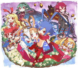 Rule 34 | 2boys, 6+girls, angel wings, antenna hair, armor, asagiri asagi, bad id, bad pixiv id, barbara (disgaea), belt, blonde hair, bloomers, blue eyes, bosutafu, bow, brown hair, capelet, castle, choker, clenched hands, demon tail, demon wings, disgaea, disgaea d2, earrings, etna (disgaea), fang, fingerless gloves, flonne, flonne (fallen angel), flower, frills, gloves, green hair, groin, heart, heart-shaped pupils, jewelry, laharl, long hair, long sleeves, magical girl, multiple boys, multiple girls, navel, necktie, nippon ichi, open mouth, outstretched arms, petals, pink legwear, pointy ears, pouch, prinny, pure flonne, red eyes, red hair, scarf, short hair, short shorts, shorts, sicily (disgaea), skull, slit pupils, symbol-shaped pupils, tail, thighhighs, twintails, underwear, very long hair, white bloomers, wings, xenolith