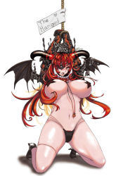 Rule 34 | 1girl, allgreen, arms up, black panties, bondage, breasts, crying, destiny child, eyepatch, hades (destiny child), horns, kneeling, large breasts, long hair, open mouth, pasties, red eyes, red hair, rope, solo, wings