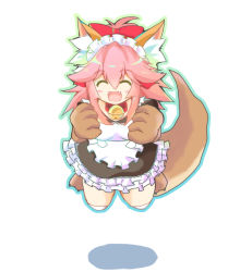 Rule 34 | 1girl, animal ear fluff, animal ears, animal hands, apron, bell, breasts, cat hair ornament, cat paws, closed eyes, collar, fangs, fate/grand order, fate (series), fox ears, fox tail, gloves, hair ornament, hair ribbon, highres, jingle bell, jumping, long hair, maid headdress, medium breasts, neck bell, open mouth, paw gloves, paw shoes, pink hair, ponytail, red ribbon, ribbon, shoes, simple background, smile, solo, souno ruuta, tail, tamamo (fate), tamamo cat (fate), tamamo cat (second ascension) (fate), white background