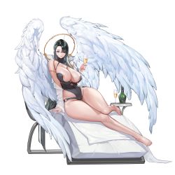 Rule 34 | 1girl, angel wings, areola slip, azazel (last origin), barefoot, black one-piece swimsuit, breasts, champagne flute, cleavage, cup, dark green hair, drinking glass, full body, game cg, highres, huge breasts, last origin, long hair, one-piece swimsuit, rorobomb, solo, swimsuit, tachi-e, transparent background, wings