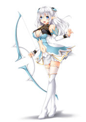 Rule 34 | 1girl, altina (shining blade), bare shoulders, blue eyes, blush, boots, bow (weapon), breasts, cleavage, commentary request, commission, detached sleeves, hair between eyes, hair ornament, highres, holding, holding bow (weapon), holding weapon, kamiya tomoe, long hair, looking at viewer, medium breasts, navel, open mouth, pixiv commission, pleated skirt, pointy ears, shining (series), shining blade, sidelocks, silver hair, simple background, skirt, solo, thigh boots, thighhighs, weapon, white background, white footwear, white skirt, white thighhighs, zettai ryouiki
