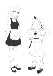 Rule 34 | 2girls, apron, bow, braid, breasts, brooch, commentary request, dress, frilled apron, frilled shirt collar, frills, full body, greyscale, hair bow, hands on own hips, hat, highres, izayoi sakuya, jewelry, looking at another, maid, maid apron, maid headdress, mary janes, mob cap, monochrome, multiple girls, neck ribbon, own hands together, pantyhose, petticoat, profile, puffy short sleeves, puffy sleeves, remilia scarlet, ribbon, sash, shadow, shirt, shoes, short dress, short hair, short sleeves, sidelocks, simple background, small breasts, smile, socks, standing, touhou, twin braids, waist apron, wrist cuffs, yukimiharu