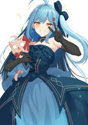 Rule 34 | 1girl, aged up, animal, bare shoulders, black gloves, blue bow, blue dress, blue hair, bow, cat, commentary request, detached collar, dress, earrings, elbow gloves, facial scar, floating hair, fortissimo, glint, gloves, grin, hair bow, hair ornament, hand up, highres, holding, holding animal, jewelry, long hair, looking at viewer, mahcdai, musical note, musical note hair ornament, o o, original, planol note, scar, scar on cheek, scar on face, side ponytail, sidelocks, simple background, single earring, smile, sparkle, strapless, strapless dress, v, white background, yellow eyes