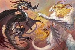 Rule 34 | animal focus, artist name, black vs white, blue eyes, claws, copyright notice, dragon, feathered wings, from side, fur-tipped tail, g.river, horns, low wings, monster, multiple horns, multiple wings, no humans, orange horns, original, profile, red eyes, tail, talons, western dragon, white wings, wings