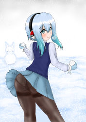 Rule 34 | 1girl, absurdres, aqua eyes, aqua hair, artist request, ass, blush, breasts, creatures (company), earmuffs, from behind, game freak, gen 4 pokemon, glaceon, gradient hair, highres, long sleeves, looking at viewer, looking back, miniskirt, multicolored hair, nintendo, panties, panties under pantyhose, pantyhose, personification, pokemon, short hair with long locks, sideboob, silver hair, skirt, small breasts, smile, snow, snowball, solo, underwear