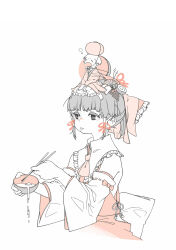 Rule 34 | 2girls, alternate hair length, alternate hairstyle, ascot, barefoot, black hair, bow, bowl, chopsticks, closed mouth, cropped legs, dashed eyes, detached sleeves, drooling, food, food on head, frilled shirt collar, frills, fruit on head, hair bow, hair ornament, hair ribbon, hair tubes, hakurei reimu, highres, holding, holding bowl, holding chopsticks, japanese clothes, kanzashi, kimono, looking ahead, mini person, minigirl, multiple girls, object on head, open mouth, red ascot, red bow, red kimono, red shirt, ribbon, shirt, short hair, short ponytail, sidelocks, simple background, sitting, sitting on head, sitting on person, sleepy, sleeveless, sleeveless shirt, spilling, squeans, sukuna shinmyoumaru, touhou, uewtsol, white background, wide sleeves, yawning, zouni soup