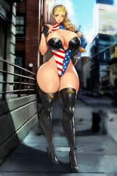 Rule 34 | 1girl, absurdres, american flag, black thighhighs, boots, braid, breasts, city, commission, curvy, elbow gloves, fingerless gloves, gloves, green eyes, gurimjang, hand on own hip, heterochromia, high heel boots, high heels, highres, huge breasts, leotard, long hair, mount olympus comics, multicolored hair, muscular, muscular female, omega symbol, patriotika, revealing clothes, single braid, single elbow glove, smile, solo, standing, streaked hair, thick thighs, thigh boots, thighhighs, thighs, yellow eyes