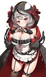 Rule 34 | 1girl, absurdres, blush, breasts, commentary request, fidgeting, fingerless gloves, garter belt, gloves, grey hair, hair between eyes, hair ornament, highres, hololive, hood, large breasts, looking at viewer, red eyes, sakamata chloe, sakamata chloe (1st costume), simple background, solo, sutwo 0w0, thighhighs, virtual youtuber, white background, x hair ornament