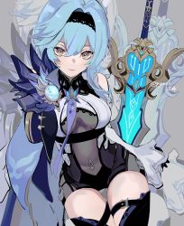 Rule 34 | 1girl, blue hair, blue necktie, bodystocking, breasts, cape, center opening, claymore (sword), cowboy shot, eula (genshin impact), genshin impact, gloves, gmpoo93, greatsword, hairband, half-closed eyes, highres, huge weapon, long sleeves, looking at viewer, necktie, smile, solo, sword, thighhighs, twitter username, weapon, wide sleeves
