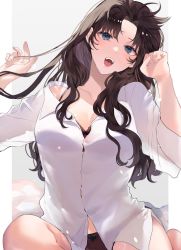 Rule 34 | 1girl, black bra, black hair, black panties, blue eyes, bra, collarbone, collared shirt, fate/stay night, fate (series), head tilt, highres, lace, lace-trimmed bra, lace-trimmed panties, lace trim, long hair, long sleeves, looking at viewer, open mouth, panties, parted bangs, partially unbuttoned, partially undressed, see-through, shimatori (sanyyyy), shirt, sitting, solo, tohsaka rin, underwear, white shirt