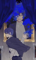 Rule 34 | 1boy, blazer, blue eyes, blue hair, blue nails, closed eyes, curtains, grin, haru (ru k), highres, jacket, kaito (vocaloid), male focus, paint splatter, painting (object), secret side (vocaloid), smile, solo, sweater, turtleneck, vocaloid, white sweater