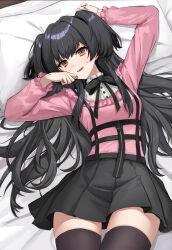 Rule 34 | 1girl, absurdres, arm up, black bow, black hair, black skirt, black thighhighs, blunt bangs, blush, bow, brown eyes, cowboy shot, frilled shirt, frills, hair spread out, hand up, head tilt, highres, idolmaster, idolmaster shiny colors, jirai kei, ku qiao kujo, long hair, long sleeves, looking at viewer, lying, mayuzumi fuyuko, nervous, on back, on bed, open mouth, pink shirt, pleated skirt, shirt, skirt, solo, suspender skirt, suspenders, sweatdrop, thighhighs, two side up, zettai ryouiki
