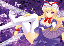 Rule 34 | 1girl, ass, blonde hair, bow, breasts, bug, butterfly, cleavage, dress, elbow gloves, feet, female focus, garter straps, gloves, hair ribbon, hand fan, hand on own stomach, hat, hat ribbon, insect, katagiri chisato, large breasts, long hair, looking at viewer, no shoes, open mouth, outstretched arm, purple dress, purple eyes, ribbon, short sleeves, solo, thighhighs, toes, touhou, tress ribbon, very long hair, white gloves, white thighhighs, yakumo yukari, zettai ryouiki