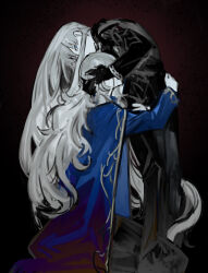 Rule 34 | 1boy, 1girl, angelica (project moon), argalia (project moon), black gloves, black jacket, black pants, black sweater, blue cape, blue eyes, blue jacket, brother and sister, cape, covering another&#039;s eyes, gloves, gold trim, highres, hug, jacket, library of ruina, long hair, long sleeves, looking at viewer, nishikujic, pants, project moon, siblings, sidelocks, silver trim, standing, sweater, very long hair, white hair
