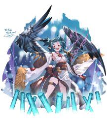Rule 34 | 1girl, ayacho, bare shoulders, bird legs, black feathers, black wings, blue hair, breasts, claws, clothing request, feathered wings, feathers, harpy, highres, holding, holding microphone, indie virtual youtuber, lincoro, medium hair, microphone, monster girl, open mouth, pointy ears, red eyes, short twintails, small breasts, solo, talons, teeth, thighlet, twintails, underboob, upper teeth only, virtual youtuber, wings