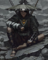 Rule 34 | 1girl, absurdres, arm guards, armor, bandaged arm, bandages, barefoot, black hair, black hat, black scarf, blue eyes, closed mouth, full body, glowing, guweiz, hat, highres, jewelry, jingasa, katana, knee up, looking at viewer, one eye covered, original, outdoors, pendant, rain, scarf, shoulder armor, sitting, skull, solo, sword, tassel, weapon