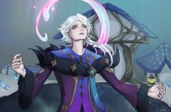 Rule 34 | 1boy, closed mouth, fur-trimmed jacket, fur trim, gem, hwei (league of legends), jacket, jellyjelly, league of legends, long hair, long sleeves, looking up, male focus, outdoors, rain, solo focus, tears, white hair, winterblessed hwei
