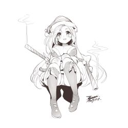 Rule 34 | 1girl, bell, boots, breasts, candy, candy cane, character request, christmas, dated, ejami, food, hat, jingle bell, league of legends, long hair, looking at viewer, monochrome, santa hat, signature, simple background, smile, solo, white background