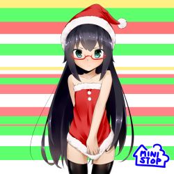 Rule 34 | 1girl, aqua eyes, bare shoulders, black hair, black thighhighs, blush, collarbone, covering privates, covering crotch, glasses, hat, long hair, looking at viewer, ministop, ninnzinn, santa hat, solo, striped, striped background, thighhighs