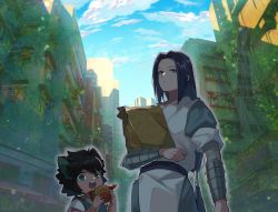 Rule 34 | 2boys, absurdres, animal ears, bag, black hair, blue sky, burger, cat ears, child, cloud, cloudy sky, day, food, highres, holding, holding food, long hair, low-tied long hair, luo xiaohei, luo xiaohei (human), luo xiaohei zhanji, multiple boys, outdoors, short hair, sky, standing, taka oedo, upper body, wuxian (the legend of luoxiaohei)