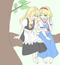 Rule 34 | 2girls, alice margatroid, apron, ascot, bad id, bad pixiv id, barefoot, blonde hair, capelet, couple, dress, closed eyes, feet, female focus, full body, hair ornament, hairband, kirisame marisa, long hair, looking at another, medium hair, multiple girls, nature, no headwear, no headwear, open mouth, pa (11449290), short hair, sitting, smile, soles, toes, touhou, tree, waist apron, yuri