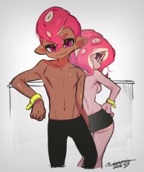Rule 34 | 1boy, 1girl, agent 8 (splatoon), ass, black skirt, dark-skinned male, dark skin, dated, half-closed eyes, looking at viewer, looking back, miniskirt, mohawk, nintendo, nitronic, octoling, octoling boy, octoling girl, octoling player character, pink hair, red hair, skirt, smile, splatoon (series), splatoon 2, splatoon 2: octo expansion, takozonesu, topless, topless male
